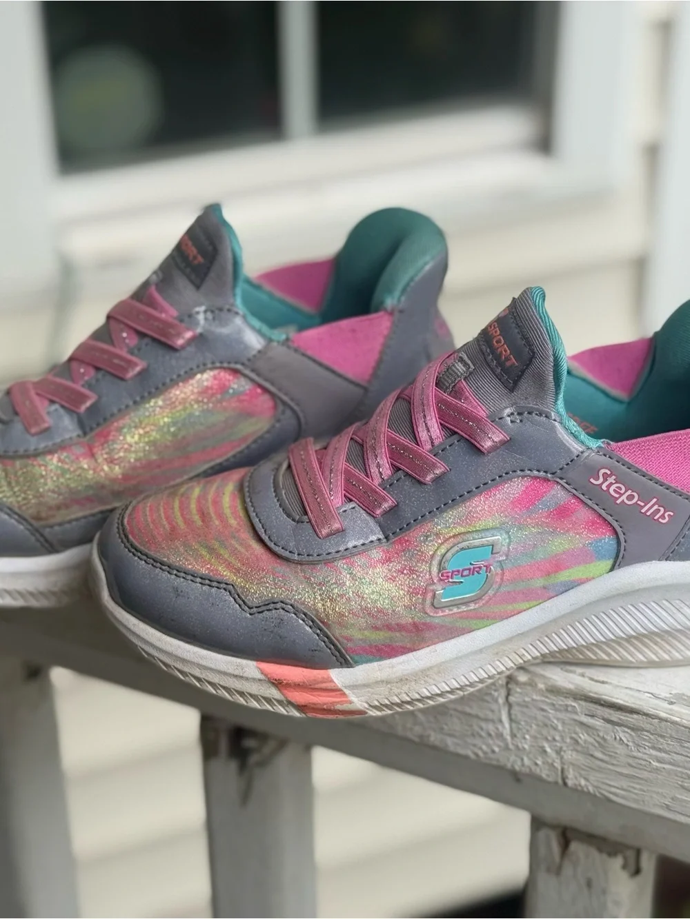 Skechers Girls' Pink, Gray & Teal Glitter Athletic Sneakers